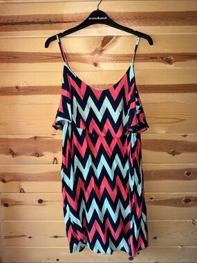 Chevron Print Spaghetti Strap Summer Dress in Coral, Navy & Mint